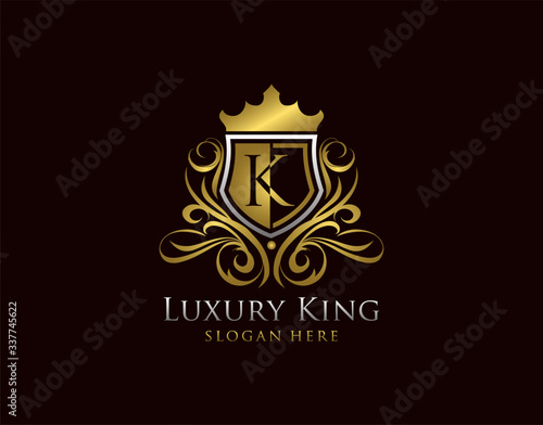 Luxury Shield K Letter Logo, Gold K Classic Protection Symbol.