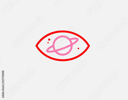 Minimalistic linear red and pink abstract logo icon eye inside the planet Saturn