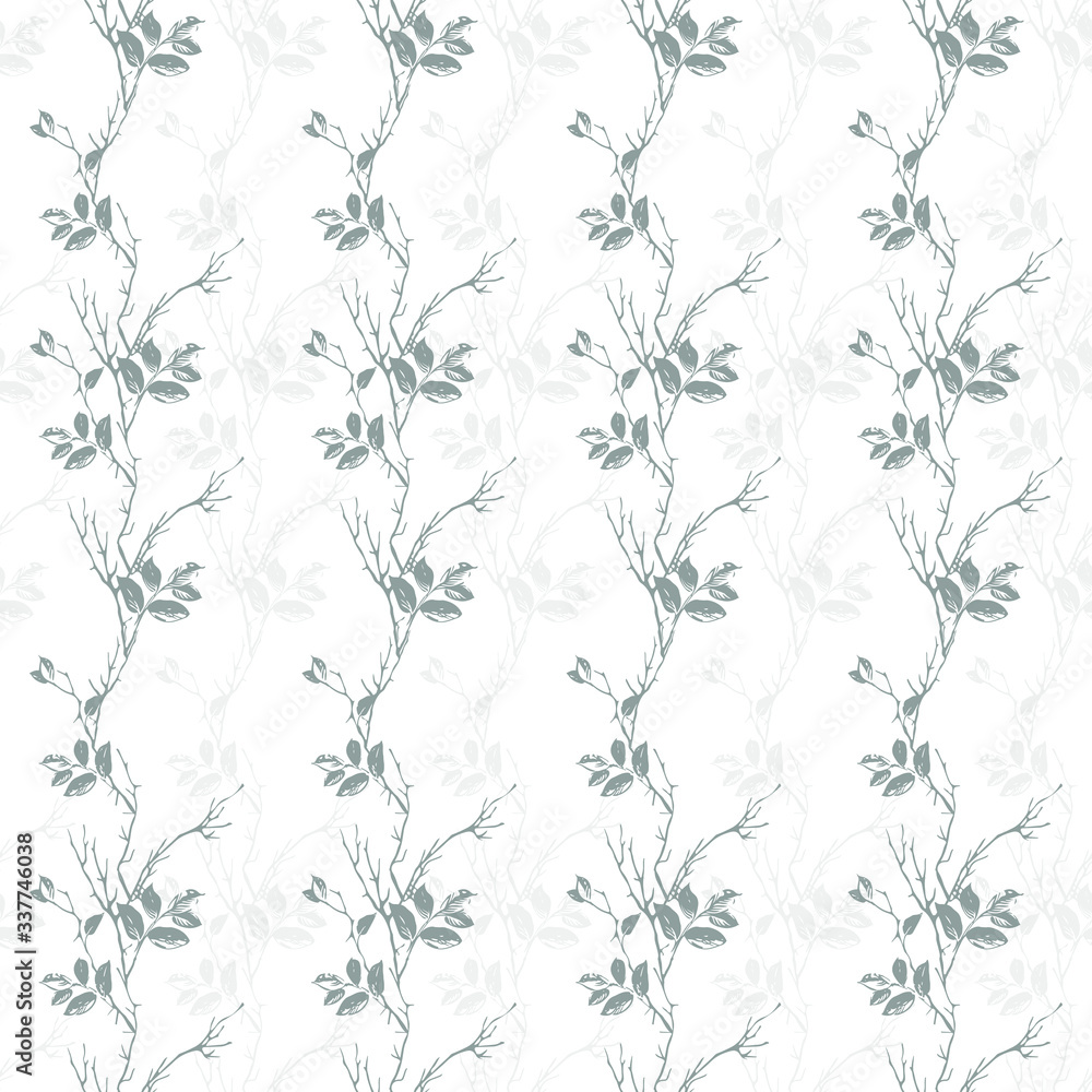 Seamless pattern of gray and dark gray vertical branches with leaves on a white background.