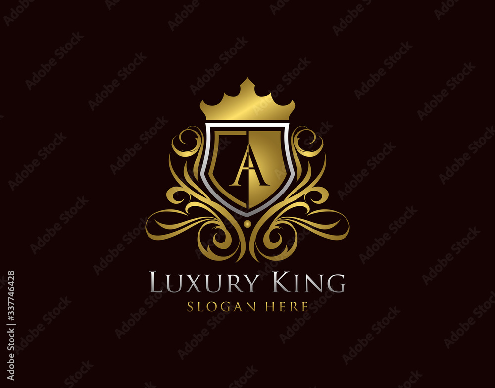 Luxury Shield A Letter Logo, Gold A Classic Protection Symbol. Luxury Shield A Letter Logo, Gold A Classic Protection Symbol.
