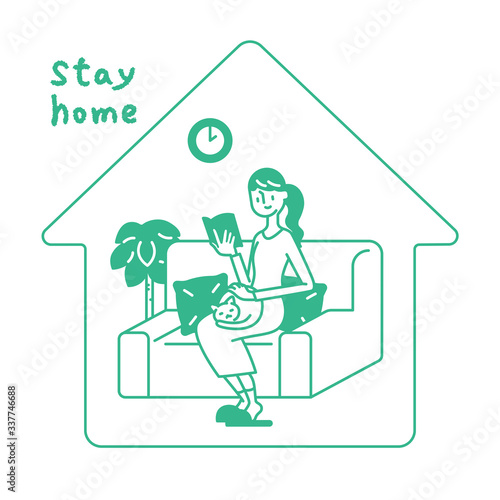 Stay home concept. Girl takes care for reading book, quarantine due to coronavirus. Illustration of home activities