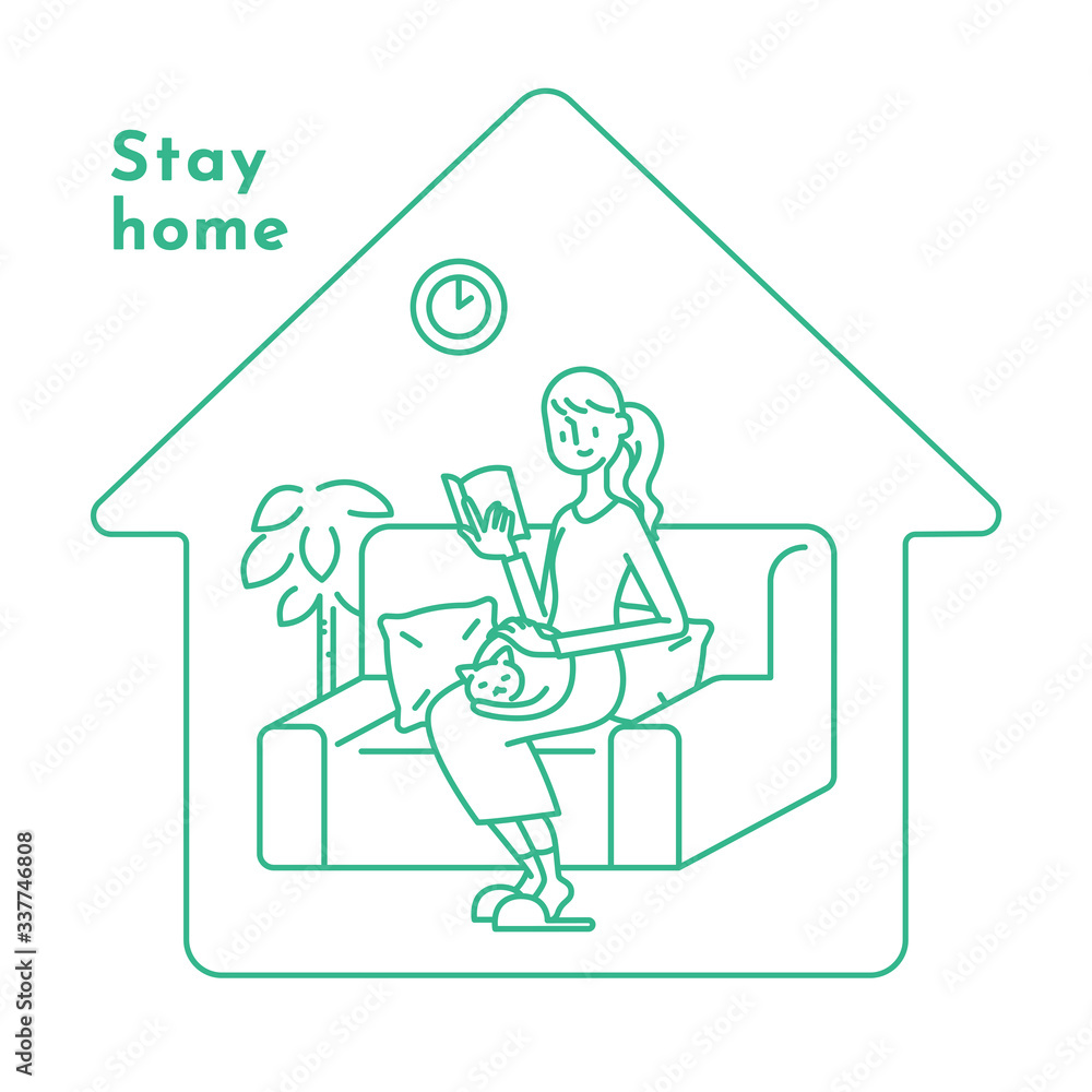 Stay home concept. Girl takes care for reading book, quarantine due to coronavirus. Illustration of home activities Stay home concept. Girl takes care for reading book, quarantine due to coronavirus. Illustration of home activities