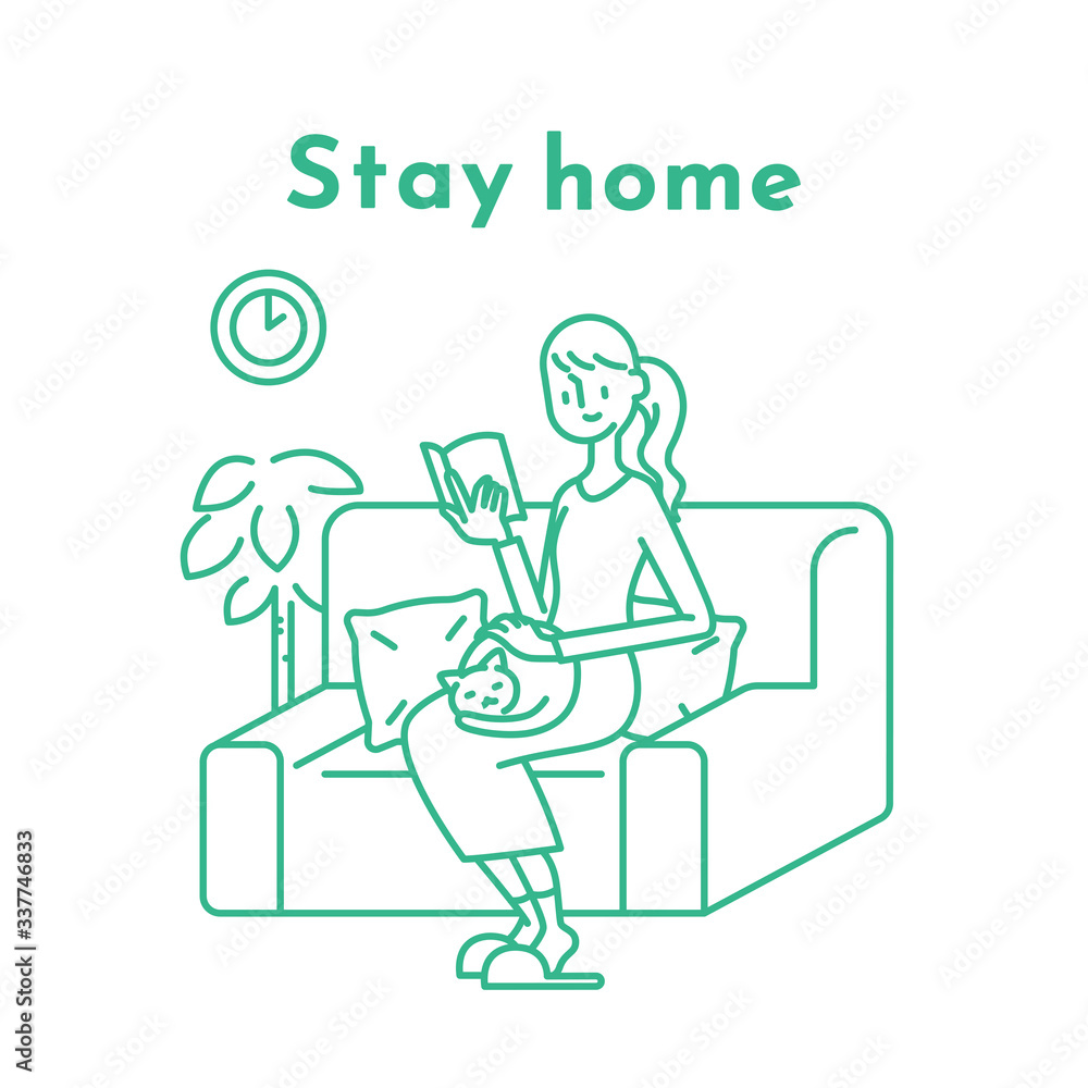 Stay home concept. Girl takes care for reading book, quarantine due to coronavirus. Illustration of home activities Stay home concept. Girl takes care for reading book, quarantine due to coronavirus. Illustration of home activities