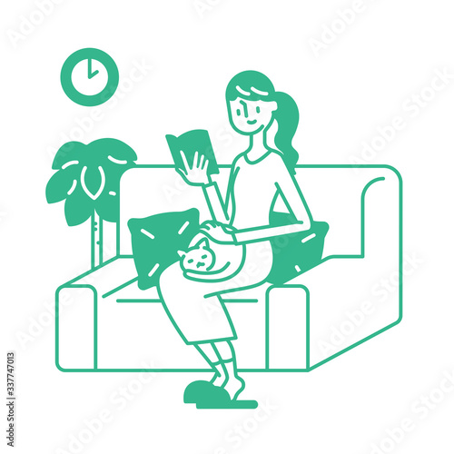 Stay home concept. Girl takes care for reading book, quarantine due to coronavirus. Illustration of home activities