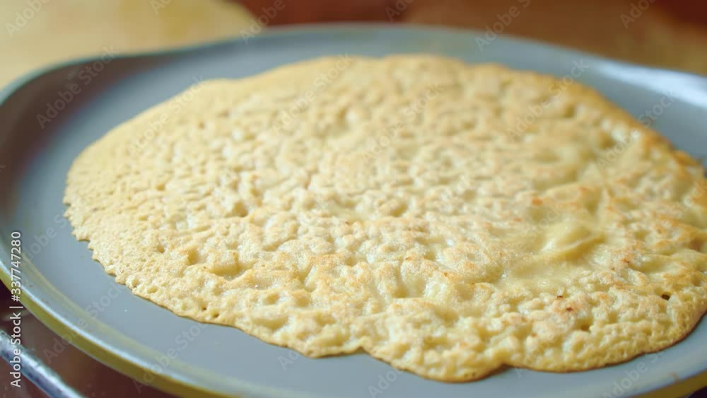Flapjack, tortilla, pizza, bake fry pancake in pan. Yummy texture. Close up. Flapjack, tortilla, pizza, bake fry pancake in pan. Yummy texture. Close up.