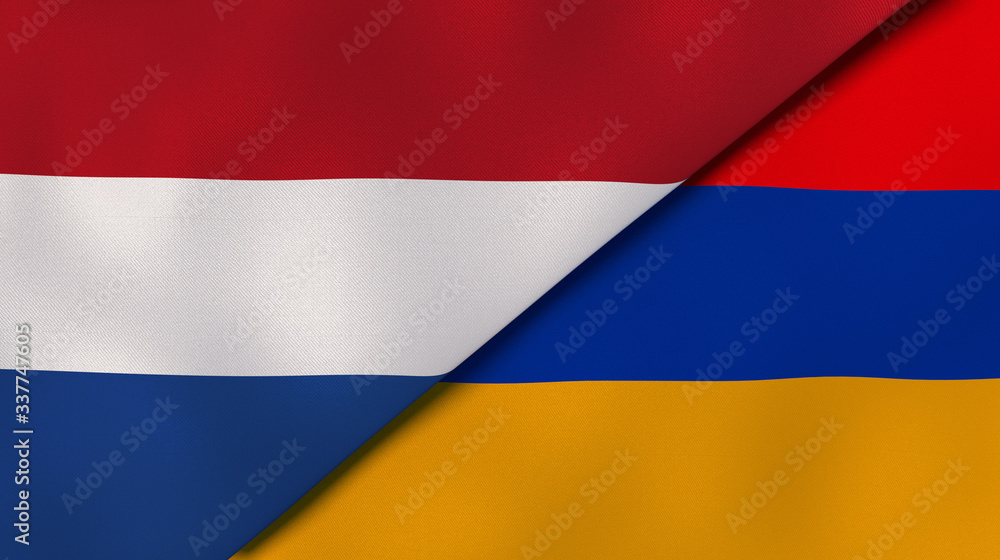 Naklejka premium The flags of Netherlands and Armenia. News, reportage, business background. 3d illustration