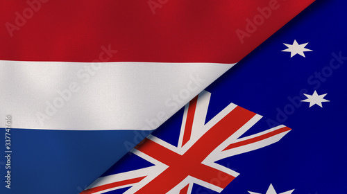 The flags of Netherlands and Australia. News, reportage, business background. 3d illustration