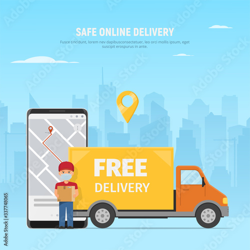 Safe delivery service concept. Courier in protective mask with box, truck and phone with app on screen on city background. Vector illustration in flat style.