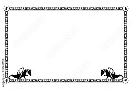 Square medieval frame with floral elements and dragons in the corners. Can represent the Middle Ages, a fantasy tale or game, an ancient manuscript, heraldry, etc.