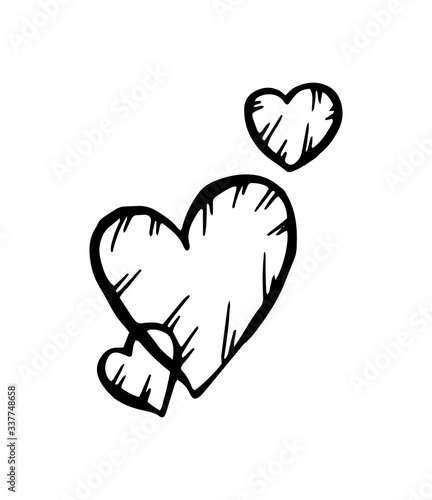 Hearts. Doodle black and white isolated illustration are manually drawn. Vector 10 EPS.