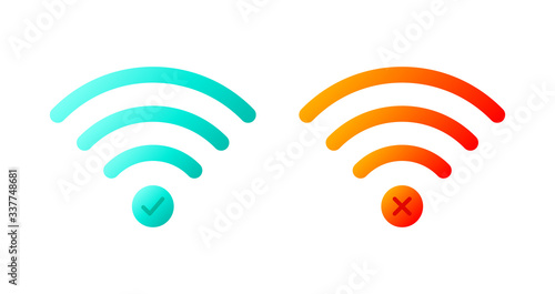 Vector icon set of wireless wifi symbols with check mark and x mark.