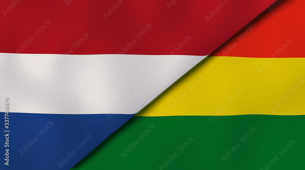 Naklejka premium The flags of Netherlands and Bolivia. News, reportage, business background. 3d illustration