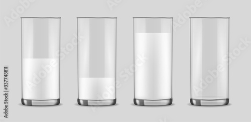 Transparent realistic glasses set, milk in a glass isolated