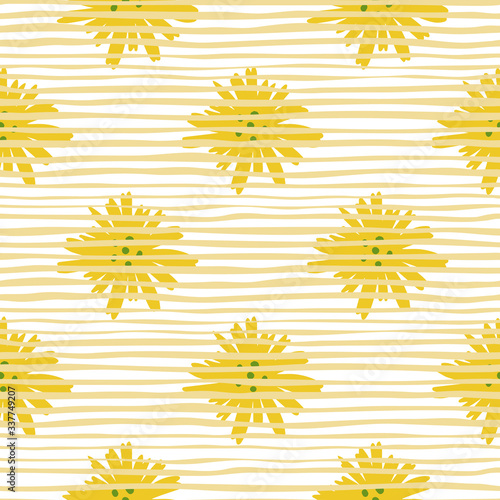 Yellow daisy pattern in doodle style on stripes background. Chamomile flowers seamless pattern.