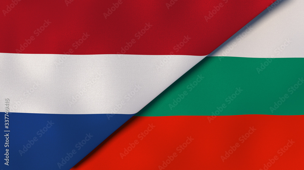 Naklejka premium The flags of Netherlands and Bulgaria. News, reportage, business background. 3d illustration