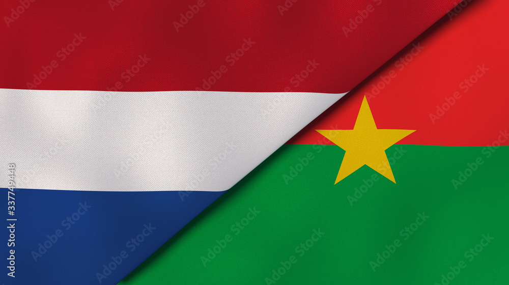 The flags of Netherlands and Burkina Faso. News, reportage, business background. 3d illustration The flags of Netherlands and Burkina Faso. News, reportage, business background. 3d illustration
