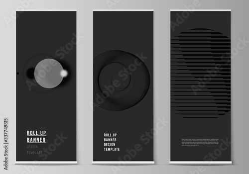 Vector illustration layout of roll up banner stands, vertical flyers, flags design business templates. Geometric abstract background, futuristic science and technology concept for minimalistic design.