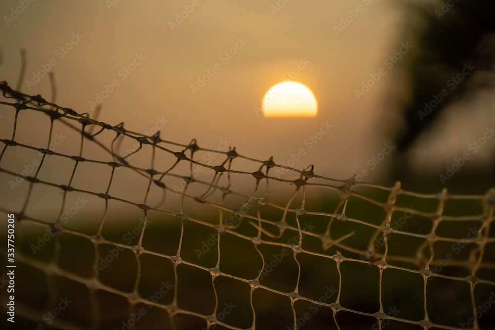 close up Plastic net The background is a morning sunrise, taken in the form of bokeh. close up Plastic net The background is a morning sunrise, taken in the form of bokeh.