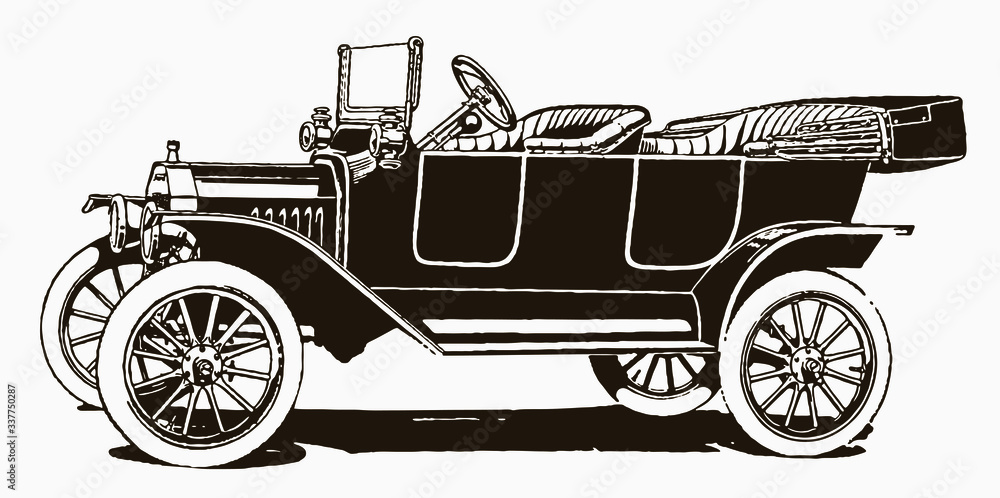 Antique five-passenger touring car in side view. Illustration after a historical engraving from the early 20th century