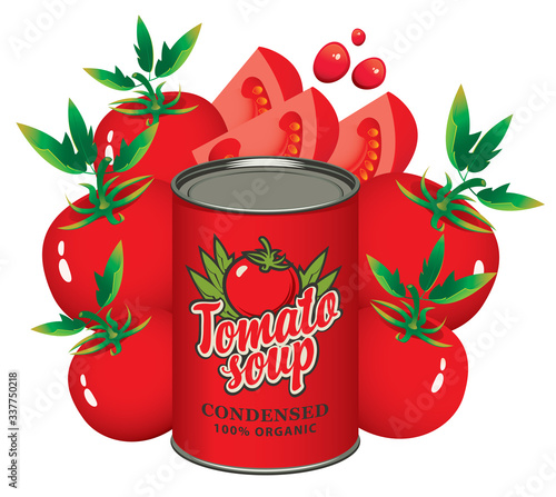 Advertising banner for condensed tomato soup. Vector illustration with a tin can and ripe red tomatoes. Canned food during quarantine, long-term storage product