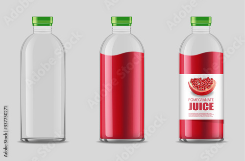 Transparent bottle realistic set, pomegranate package vector