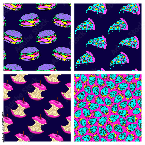 Set of 4 crazy space alien foods seamless patterns with pizza slices, burgers, apples, strawberries. Fun unusual vector backgrounds.	