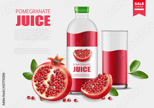 Fresh pomegranate realistic, pomegranate juice package vector, transparent bottle