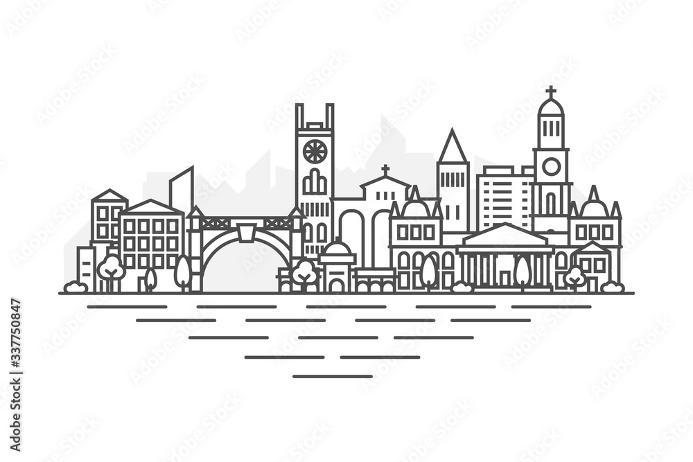 Bridgetown city, Barbados architecture line skyline illustration. Linear vector cityscape with famous landmarks, city sights, design icons. Landscape with editable strokes.