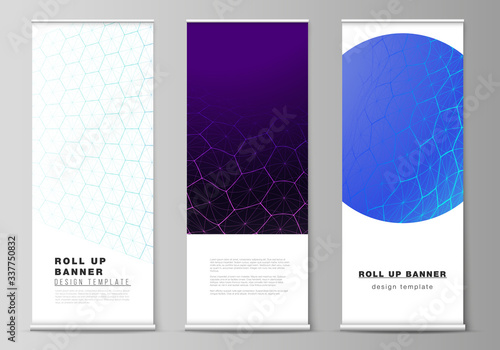 Vector layout of roll up banner stands, vertical flyers, flags design business templates. Digital technology and big data concept with hexagons, connecting dots and lines, science medical background.