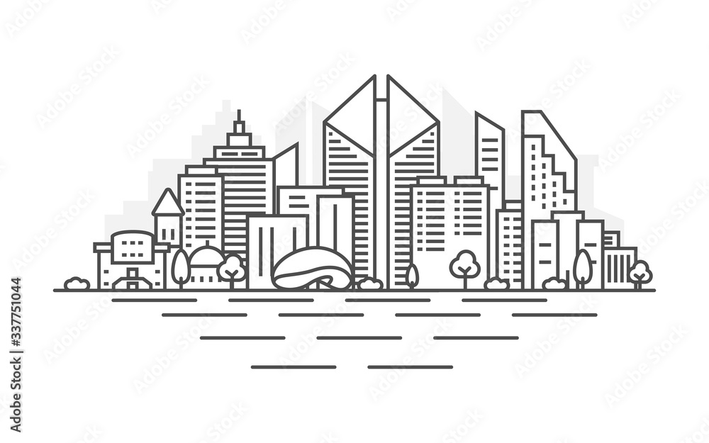 Chicago city, USA architecture line skyline illustration. Linear vector cityscape with famous landmarks, city sights, design icons. Landscape with editable strokes.