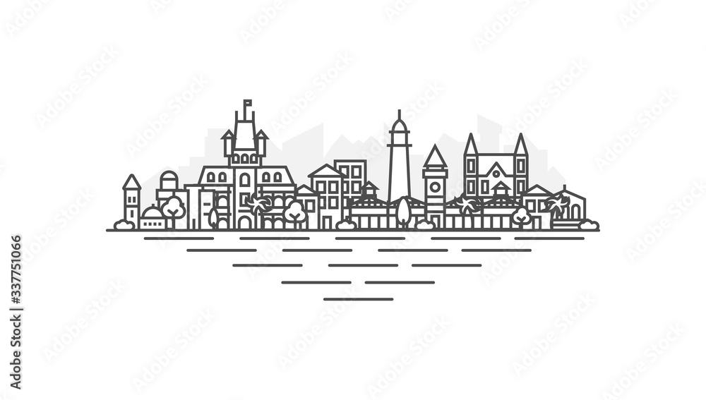 Georgetown, Guyana architecture line skyline illustration. Linear vector cityscape with famous landmarks, city sights, design icons. Landscape with editable strokes isolated on white background.