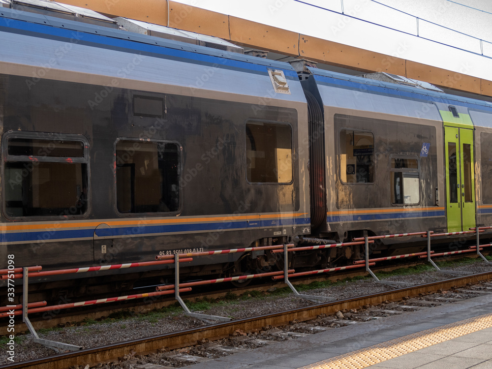 View inside the carriage of a passenger train on the railway. Railway transport.
View inside the carriage of a passenger train on the railway. Railway transport.