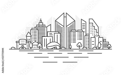 Chicago city, USA architecture line skyline illustration. Linear vector cityscape with famous landmarks, city sights, design icons. Landscape with editable strokes.