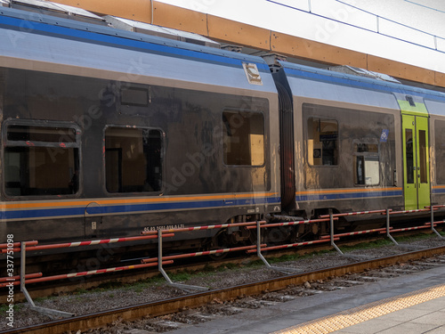 View inside the carriage of a passenger train on the railway. Railway transport. 