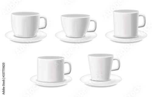 White cups isolated realistic set, package, coffee cups, white background