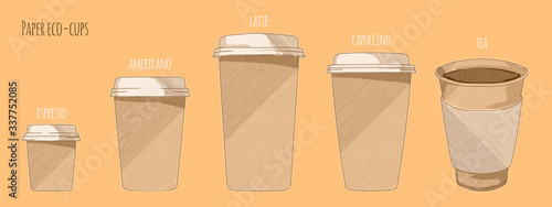 Paper cups foe hot drinks, hand drawn sketch