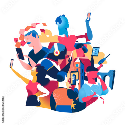 Persone con cellulari e tablet. Società contemporanea e stile di vita digitale e tecnologico