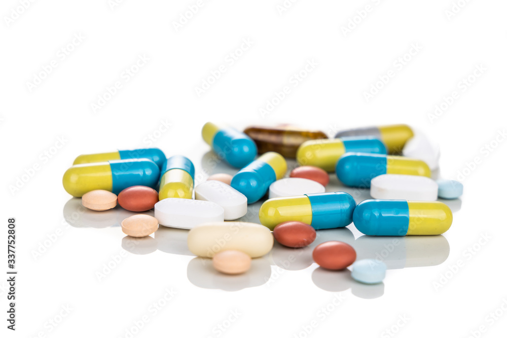 Multiple pills tablet, caplet, capsule. Medication for various disease.