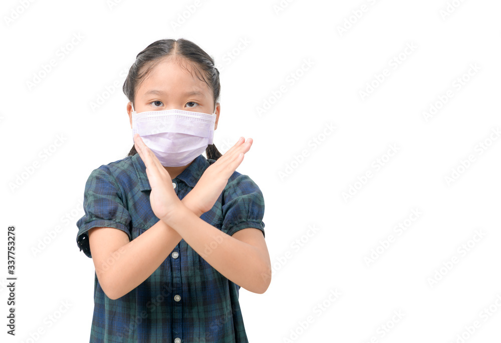 Cute Asian wear surgical mask to protect against covid-19 viruses and show hand gesture to stop. Cute Asian wear surgical mask to protect against covid-19 viruses and show hand gesture to stop.