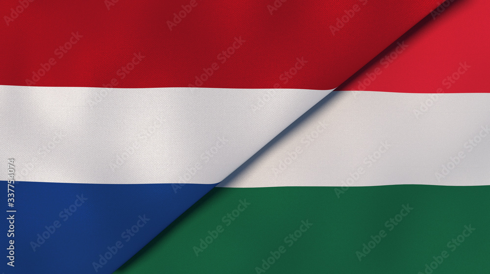 The flags of Netherlands and Hungary. News, reportage, business background. 3d illustration
