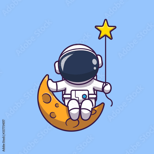 Astronaut Sitting On Moon Vector Icon Illustration. Spaceman Mascot Cartoon Character. Science Icon Concept Isolated. Flat Cartoon Style Suitable for Web Landing Page, Banner, Flyer, Sticker, Card