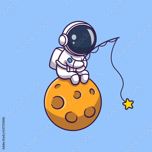 Astronaut Fishing On Moon Vector Icon Illustration. Spaceman Mascot Cartoon Character. Science Icon Concept Isolated. Flat Cartoon Style Suitable for Web Landing Page, Banner, Flyer, Sticker, Card