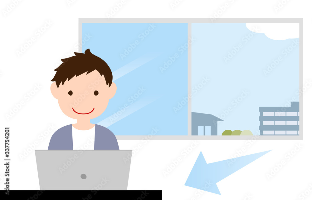 部屋の換気をしながらパソコンを触る人のイラスト Stock ベクター Adobe Stock