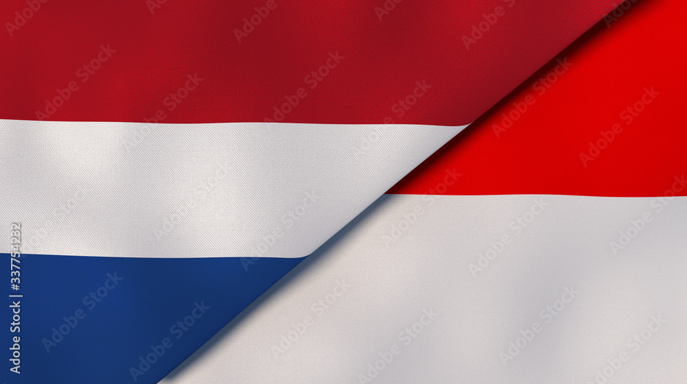 The flags of Netherlands and Indonesia. News, reportage, business background. 3d illustration