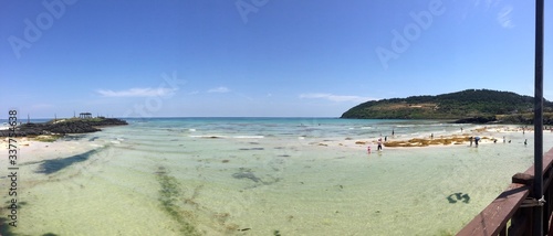Jeju, South Korea - 14th March 2017:  Scenery of Hamdeok Beach and emerald seashore in Jochon-eup, Jeju-si, Jeju-do, South Korea