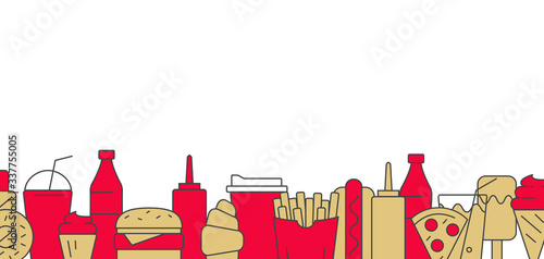 Fast food and drinks illustrations, menu items stand one to another on the bottom of the layout, simple line graphic element in red and mustard colors