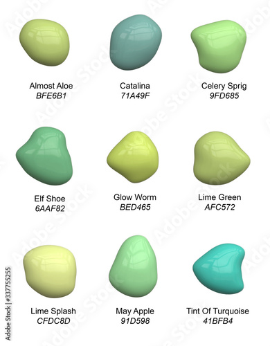 Set of handpicked light green paint shades - vector chart of smears of pastel virid hues for interior or craft with names and Hex codes
