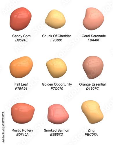 Set of handpicked orange paint tints - vector palette of drops of pastel sweet golden shades for interior or craft with names and Hex codes
