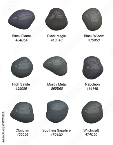 Set of handpicked gray or black paint tints - vector palette of drops of dark shades for inspiration, interior or craft with names and Hex codes
