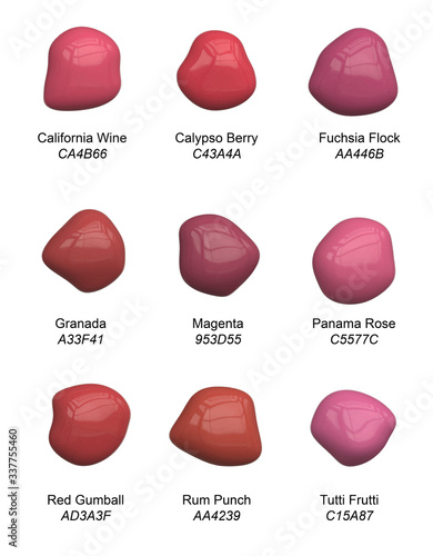Set of handpicked gules paint tones - vector swatches of drops of muted saturated red shades for inspiration or craft with names and Hex codes
